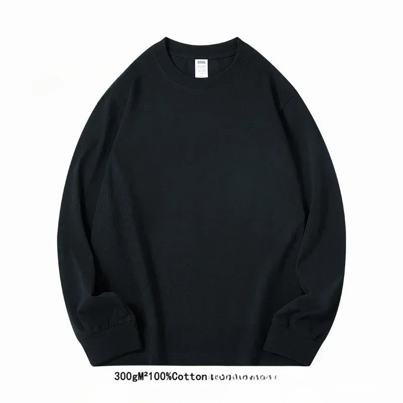 Spring Autumn 300g Heavy-duty Pure Cotton Long Sleeved  T-shirt FLoose White Top Thick Base Layer Underneath for Men and Women