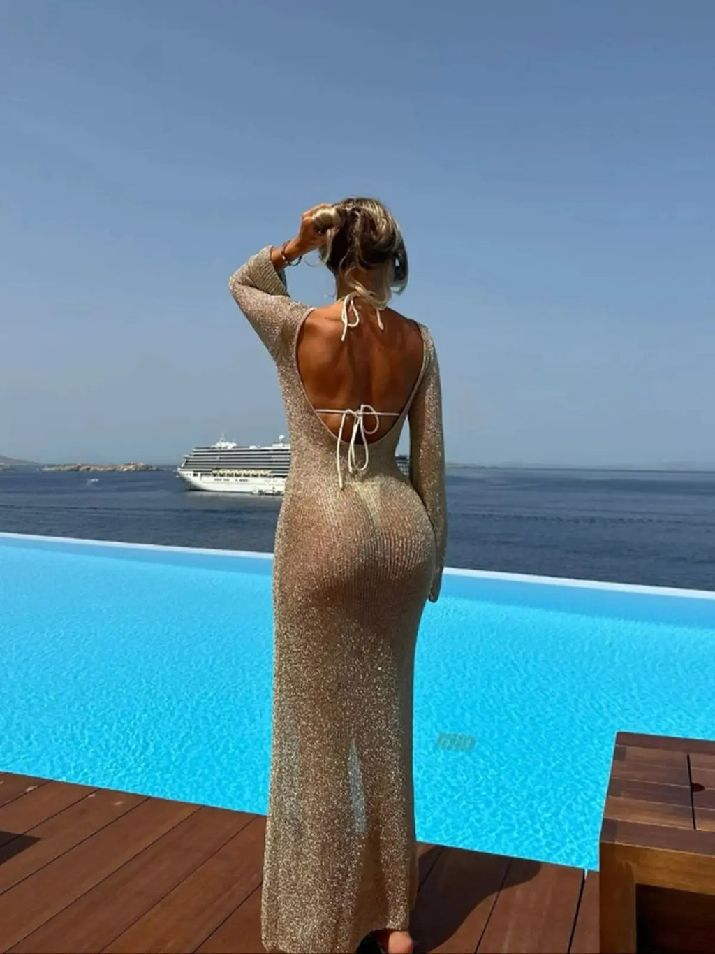 Women's pure color sexy backless slender long-sleeved gauze dress Spring Summer Outfits for Women