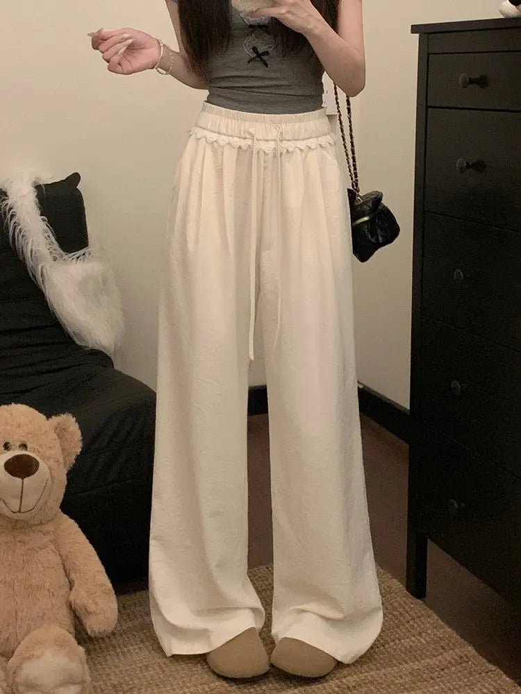 Women Lace Trim Wide Leg Pants Elastic Drawstring Waist Loose Casual Trousers Multiple Colors