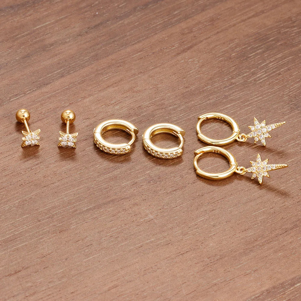 3 Pairs Stainless Steel Zircon Hoop Earrings Set Trendy Twinkle Star Ear Stud Earring Jewelry Prevent Allergy Party Accessories