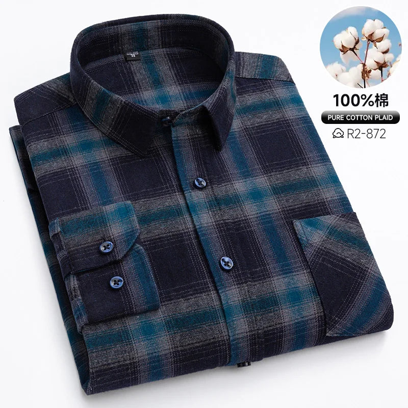 Classic Retro Plaid Flannel Shirt Long Sleeve 100% Cotton Fashion Casual Soft Spring Autumn Winter Standard Pocket Men's Shirt