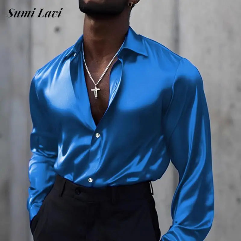 2025 Spring Fashionable Mens Silk Shirt Stylish Solid Color Long Sleeve Button-up Shirts Men New Casual Turn-down Collar Shirt