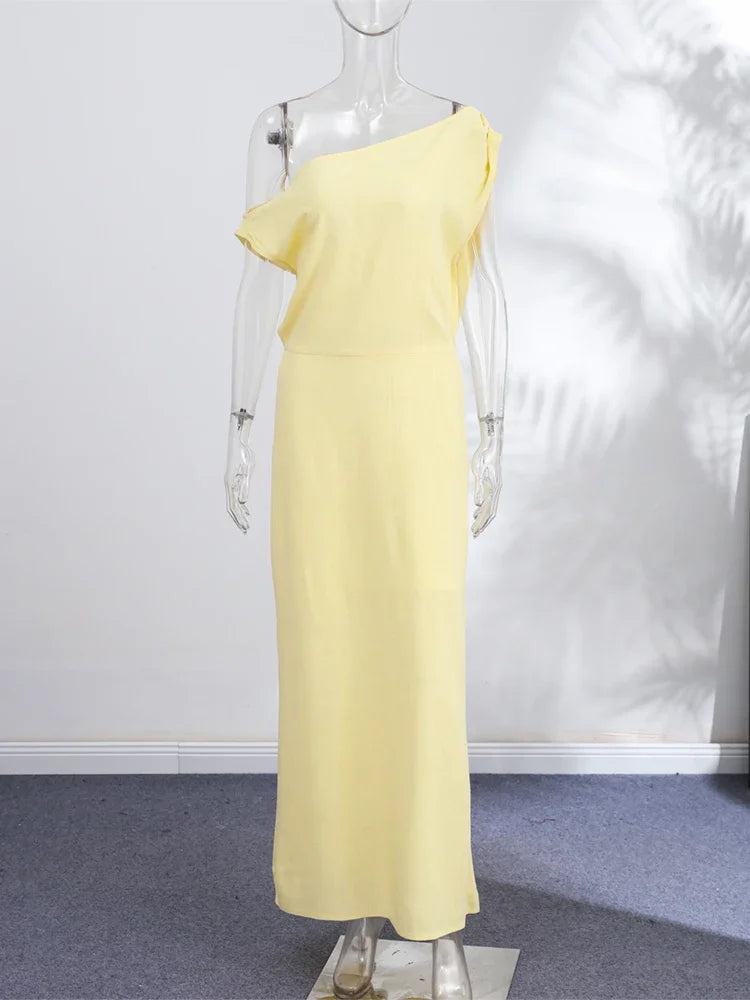 Party Dress Women's Lime One-Shoulder Dress Asymmetric Neckline Draped Waist Elegant Maxi Club Wear Woman Clothes Summer Outfit