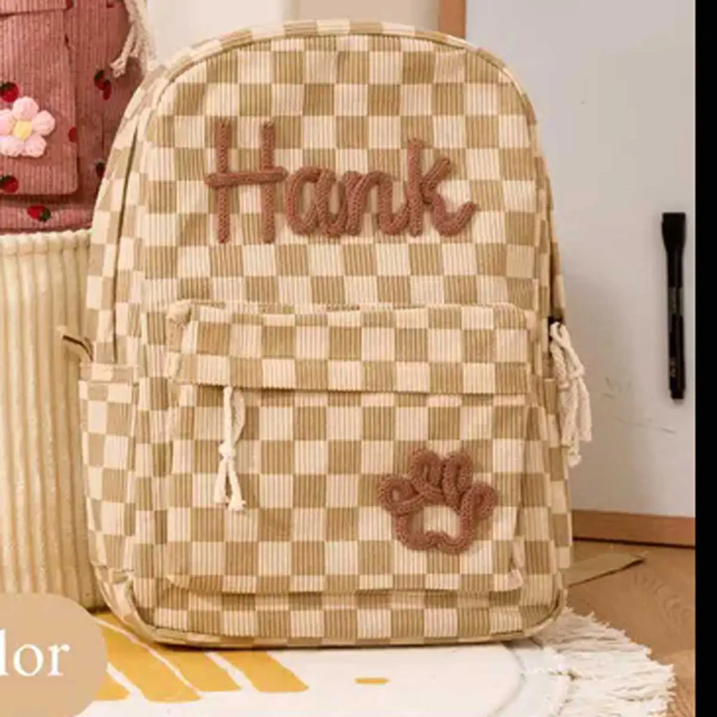 1pc Personalized Corduroy Backpack, Strawberry/Checkered Pattern, Simple and Spacious, Perfect Back-to-School Gift