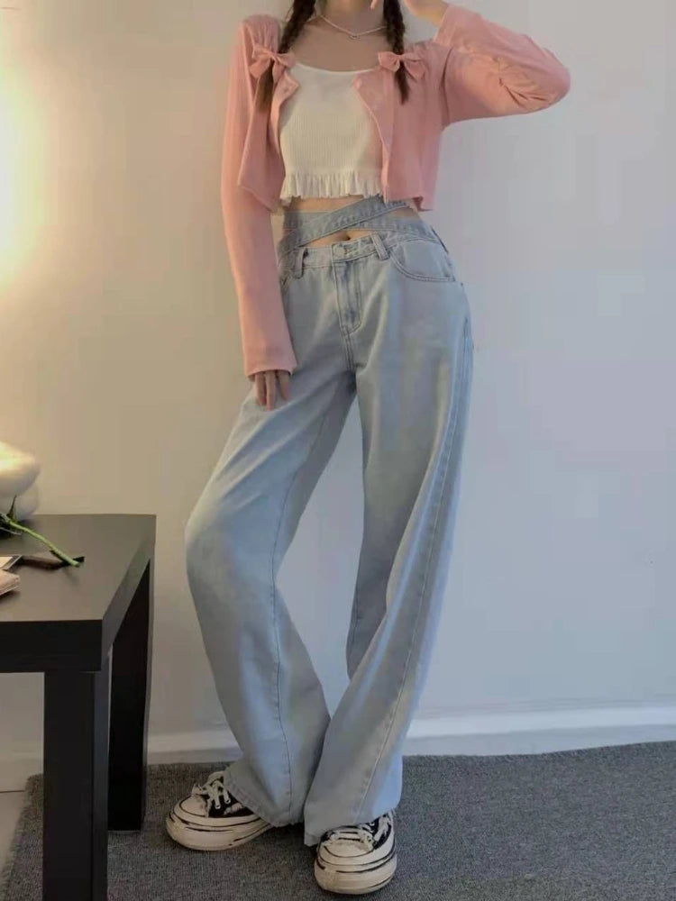Women's High Waist Baggy Jeans Korean Trendy Loose Wide Leg Denim Pants with Ankle Ties Flowy Floor Length Streetwear