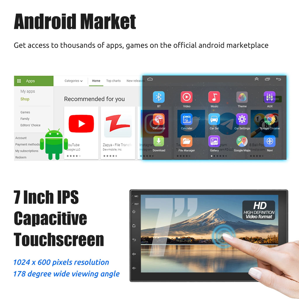 ESSGOO 7"/9"/10“ 2 DIN Android 14 4+64G Car Stereo Carplay Android Auto GPS Navi Bluetooth FM RDS Radio WIFI Touchscreen ChatGPT