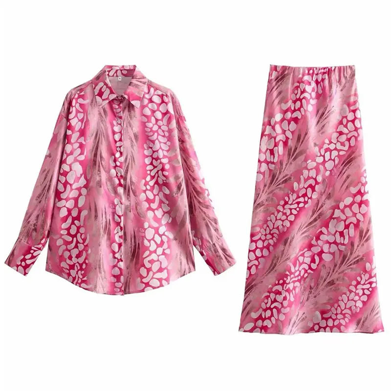 HH 2025 Spring Women Fashion 2 Piec Suits Satin Lapel Loose Woman Shirt Top + Vintage Folds Holiday Style Female Skirt