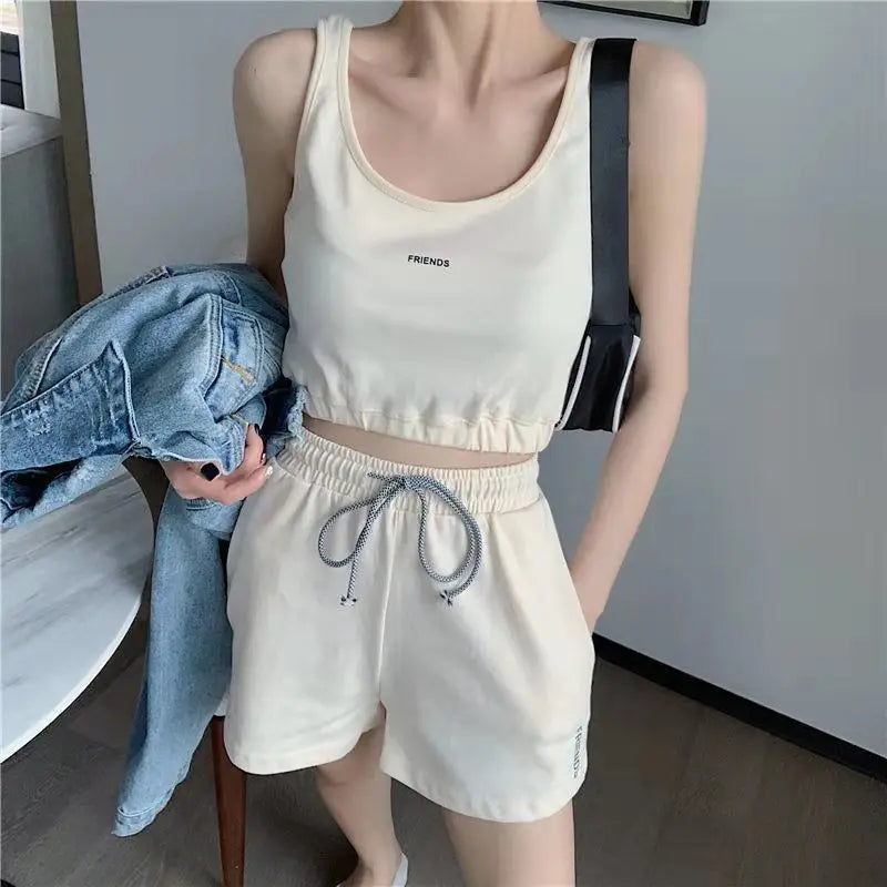 Women's Short Set Summer New Solid Sportswear Tank + Shorts Two Piece Womens Outifits Casual Sport Sets Woman