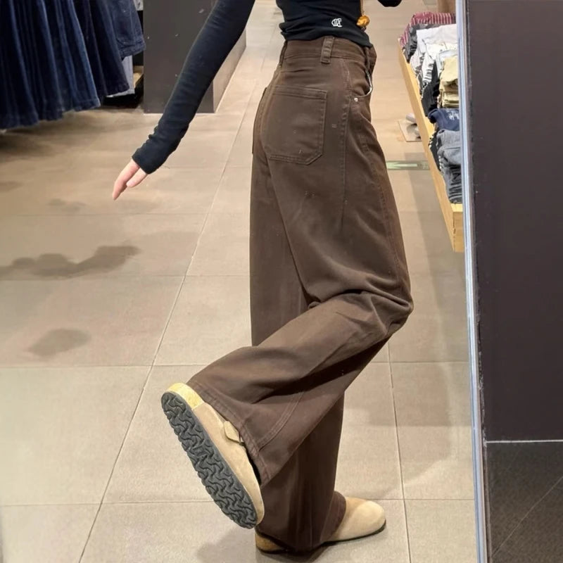 Thiened Fce High Waist Straight Leg Jeans Women's Warm Wide Leg Design Slimming Floor-Length Knife  Winter Jeans