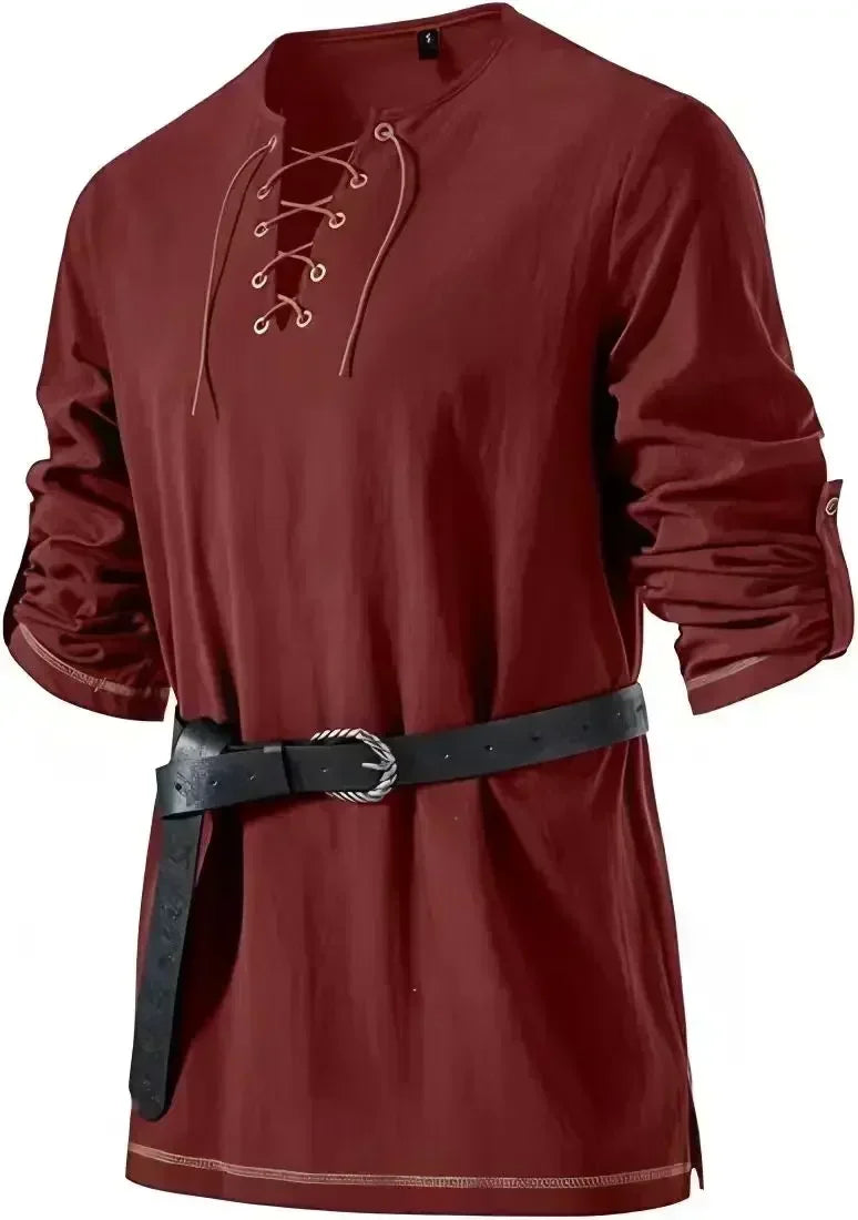 Men Medieval Lace Up Linen Long Sleeve Tunic Viking Pirate Renaissance Cosplay Shirt With Vintage Embossed Leather Belt