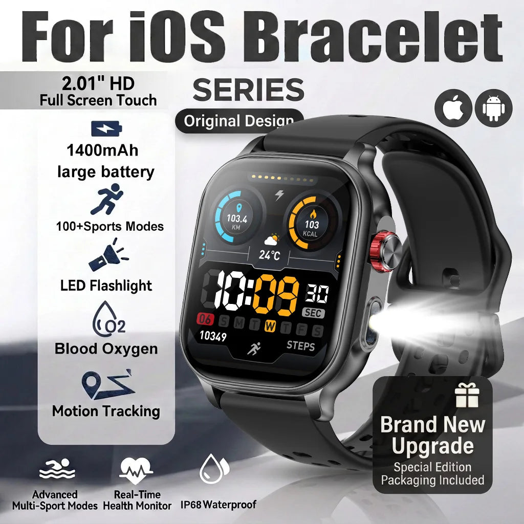 New1400mAh Military Grade Smart Watch 600 hours Battery Life 5ATM Waterproof BT Call Alert LED Flashlight 100+Sports Watches Men