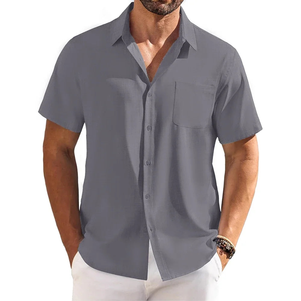 Cotton Linen Breathable Shirt for Men Solid Color Turn Down Collar Male Stylish Summer Short Sleeve Shirts Fashion Clothing