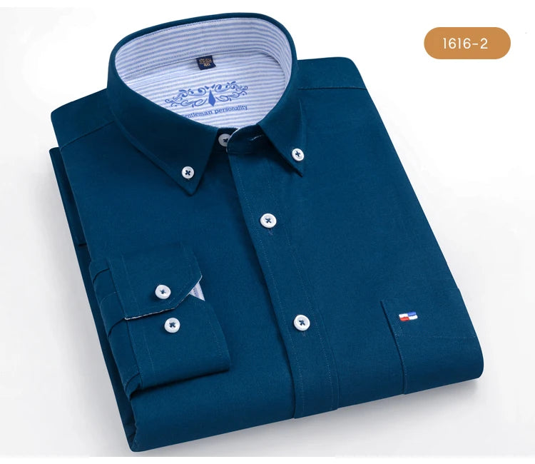 Men's 100% Cotton Breathable Oxford Fabric Dress Shirt, Plaid Striped Casual Long Sleeve, Button-Up with Collar and Chest Pocket
