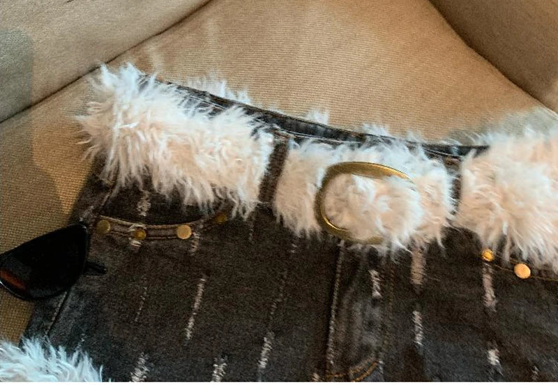 Belt Furry Denim Shorts Women 2024 New Fashion Loose Casual Pocket Sexy Shorts Denim Shorts Female Short Pants Zipper Jeans
