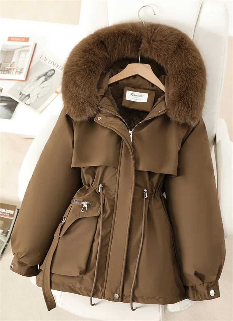 Fleece Lined Hood Down Jacket Winter Coat for Women Warm Drawstring Padded Parkas Korean Casual Streetwear Female Puffer Outwear