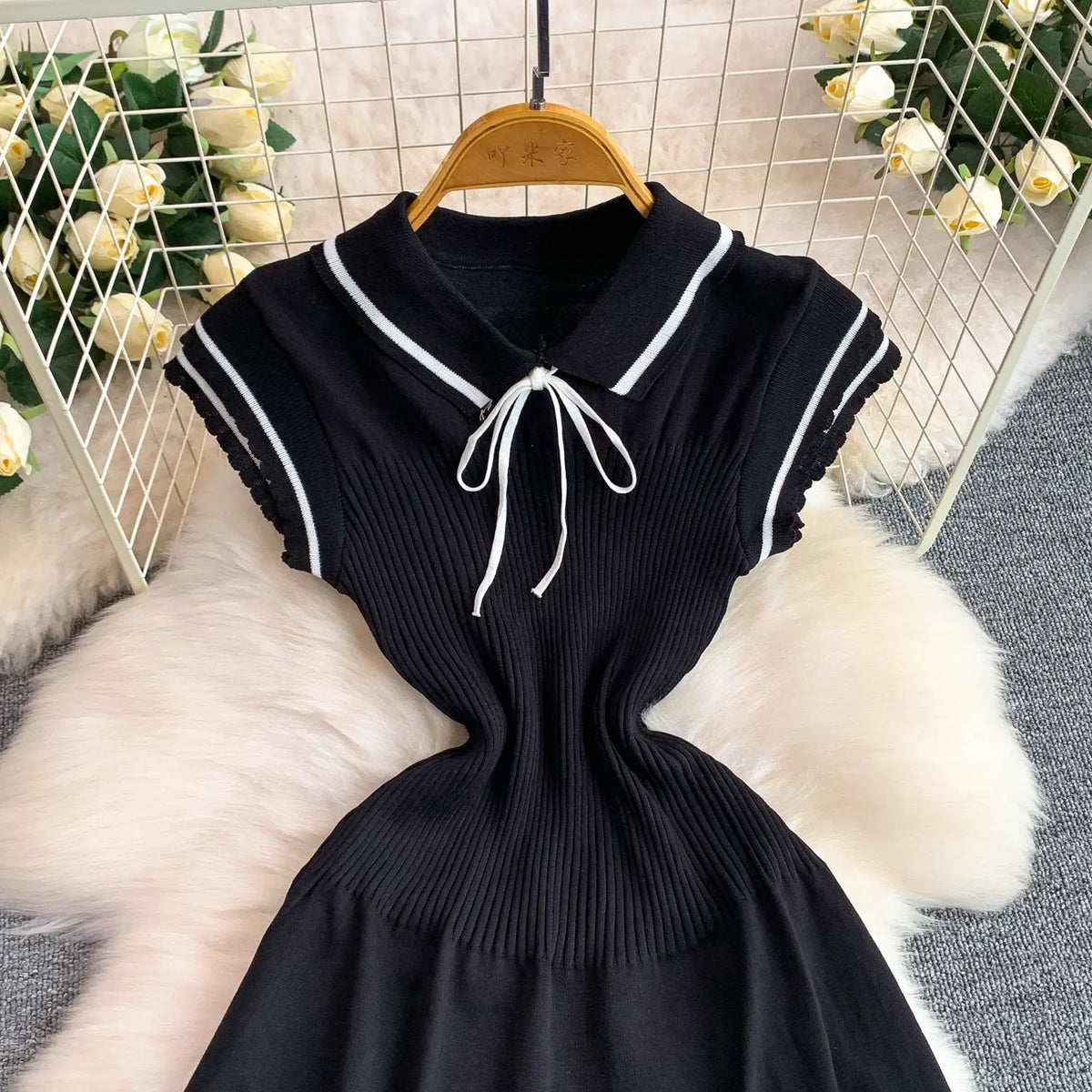 Summer Women Sweet Strechy Sundress Turndown Collar Short Sleeve Knitted Dress Lace Up Bow High Waist A-line Mini Dress