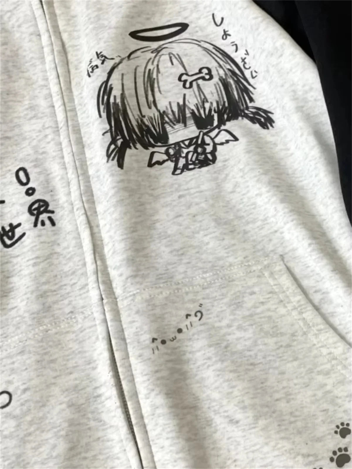 Japanese Contrast Color Hooded Tops Women Y2k Aesthetic Cartoon Print Grunge Hoodie Casual Zip Up Sweatshirt Harajuku Streetwear