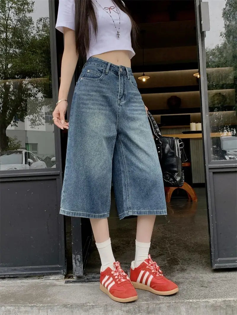 Summer American Style Vintage Women Baggy Jeans Y2k Loose Washed High Waist Knee Length Denim Pants Streetwear Wide Leg Shorts