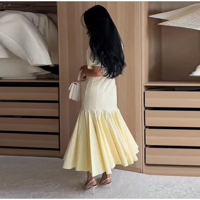 Elegant Pleated Waist-cinching Long Dress Women's Sexy V-neck Short Sleeve Bodycon Dresses 2026 Summer New Lady Solid Robes
