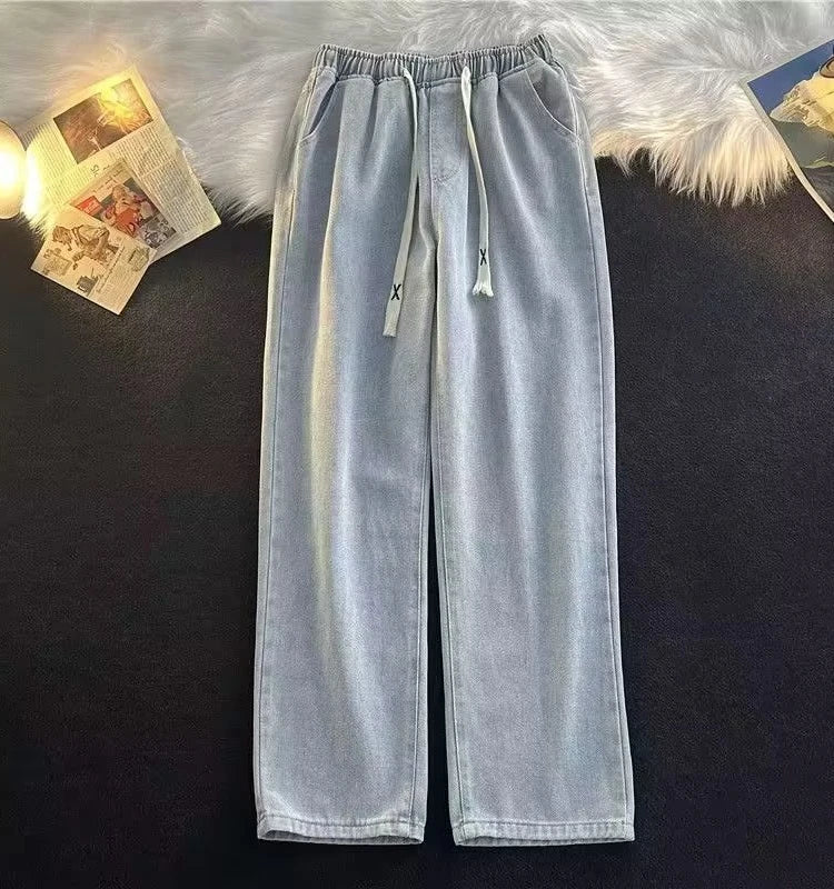 Loose Fit Straight Leg Men's Jeans Casual High Street American Sle Spring Autumn Dstring Waist Corduroy Teenager Faion