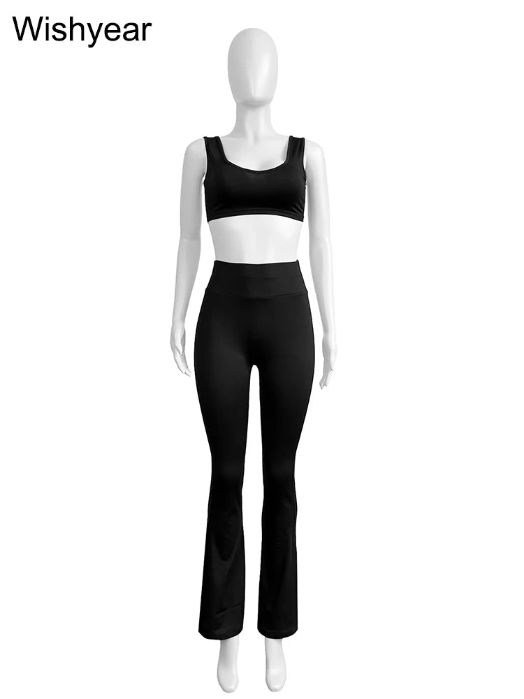 Fashion Solid 3 Pieces Sets Women Long Sleeve Crop Tops+Tanks+Flare Pants Active Fitness  Jogging Tracksuits Streetwear Outfits