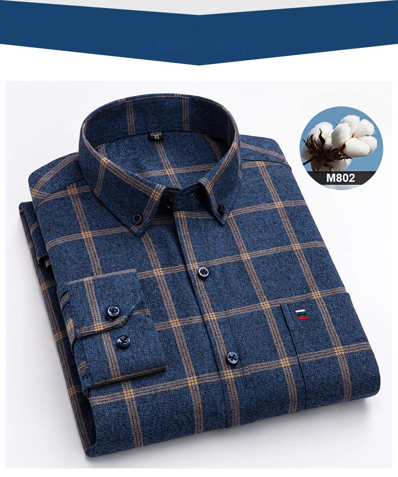 New in ShirtPlus Size 7XL 100% Cotton Sanding Long-Sleeve Shirts for Men Slim Fit Plain Shirt Striped Plaid Single Pocket Clothe