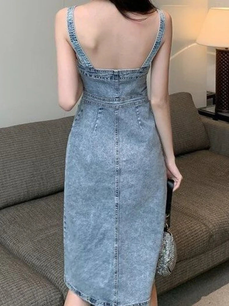 Denim Dress Sexy Style New Arrival Ins Strap Waist Single Breasted Stitching Female Bodycon Midi Dresses Female Vestidos