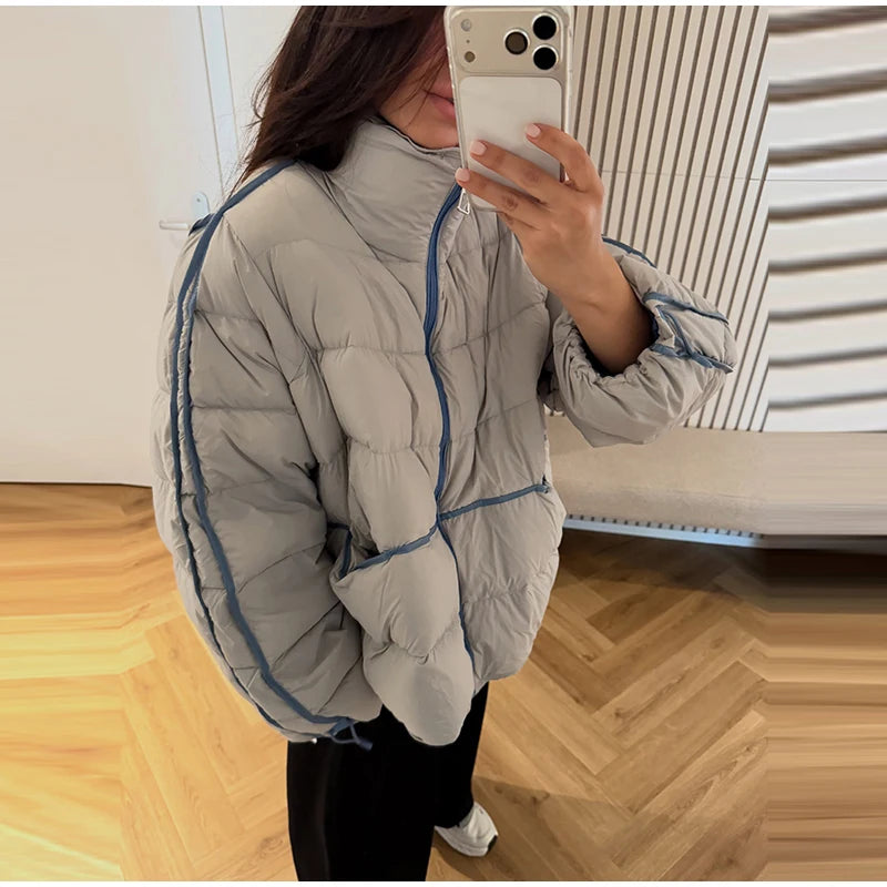 Casual Women's Waist Cinched Padded Cotton Coats Stand Collar Zipper Full Sleeve Coat 2026 Autumn Winter Lady Down Jacket New