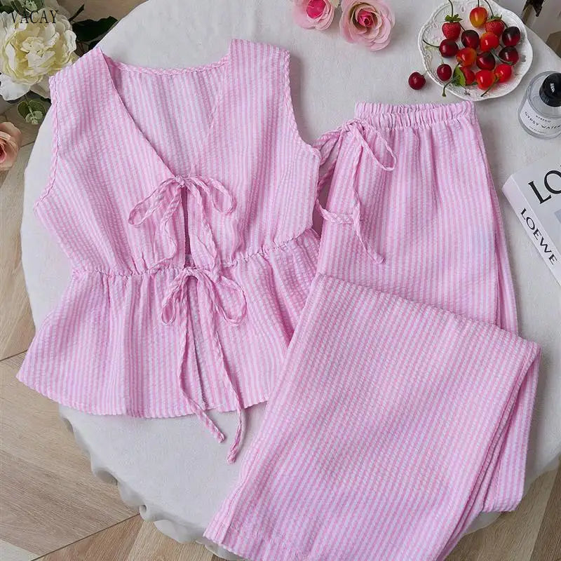 Vacay Pure Color Stripe Loose Summer Set Casual Versatile Holiday Outfit Women's Fashion Set Long Pants Sleeveless European S...