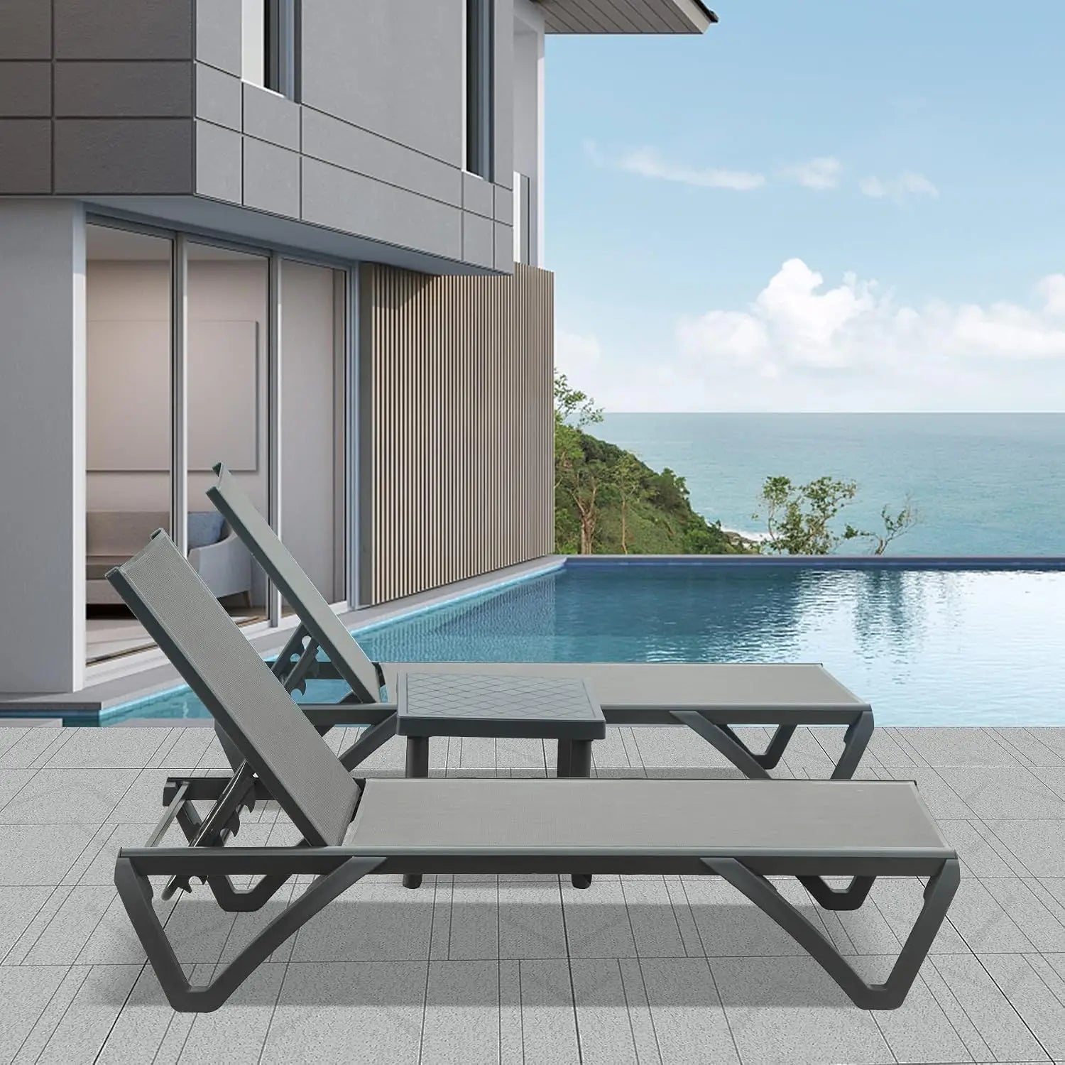 Aluminum Chaise Lounge with Side Table, 5-Position Adjustable Backrest & Wheels, All-Weather Outdoor Patio Furniture, Customized