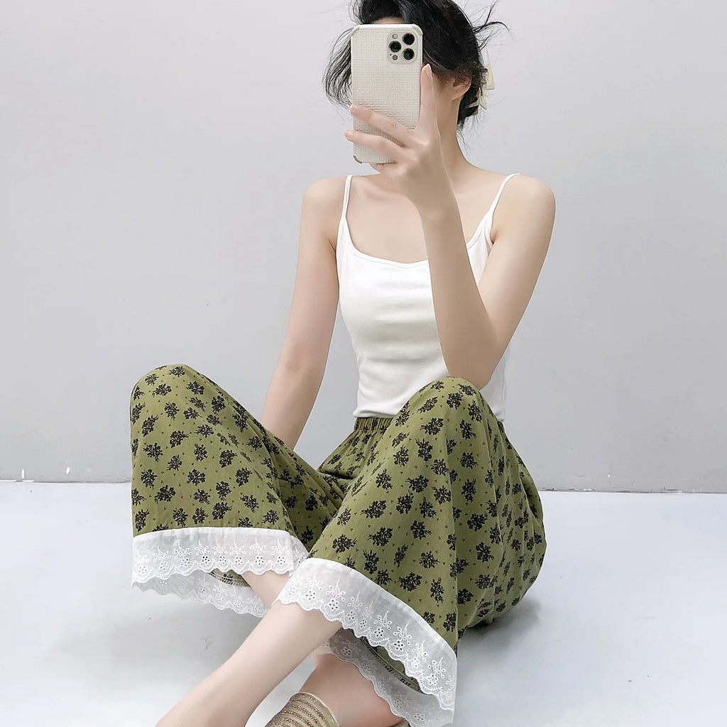 Women Viscose Casual Trousers With Lace Loose Pajamas Home Pants Thin Wide Leg Pants Fashion Oversized Sleep Bottom Korean Pants