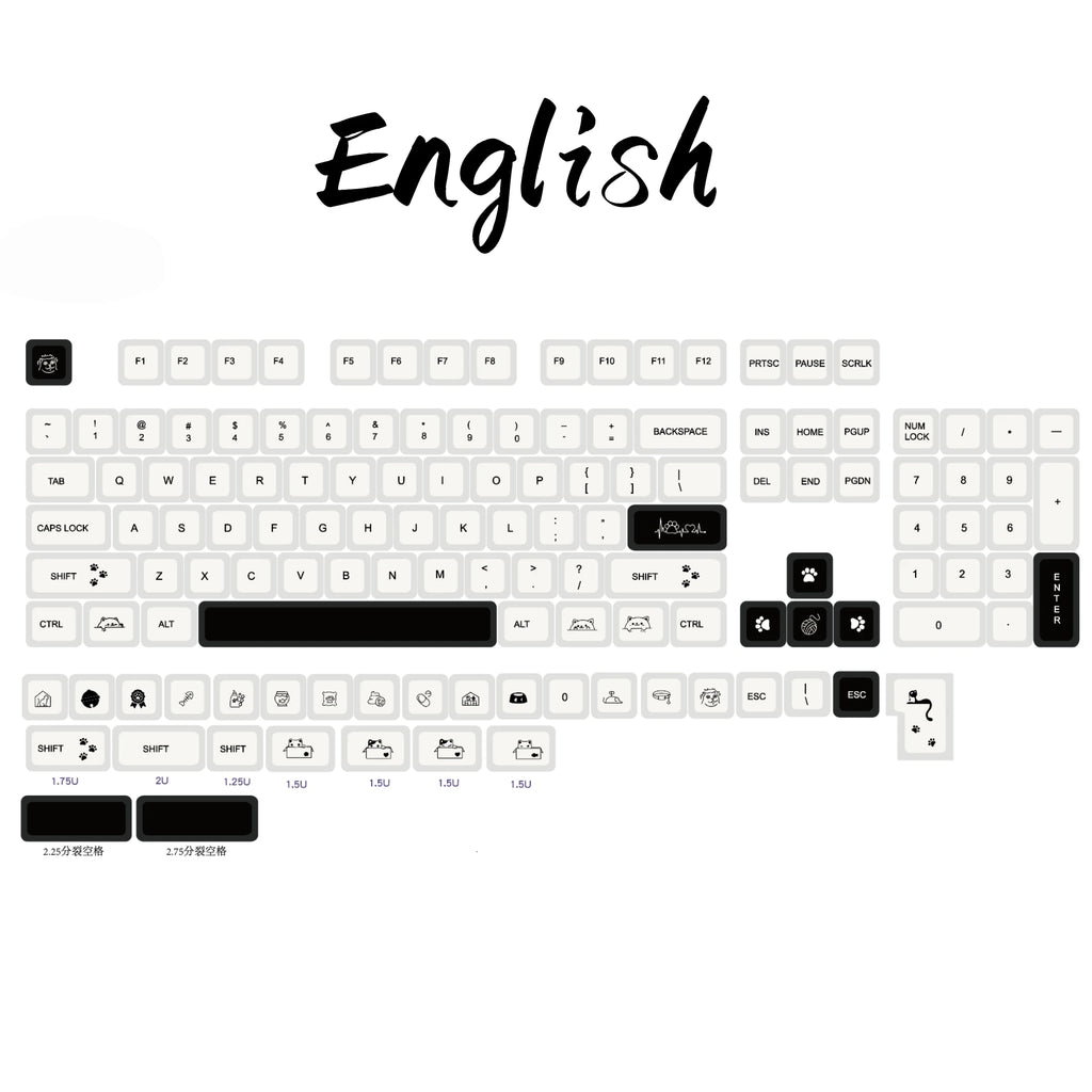 Strange Cat Cute Keycap English/Russian/Korean PBT MOA Minimalist Black and White Keycaps Lovely Kitten Mechanical Keyboard Caps