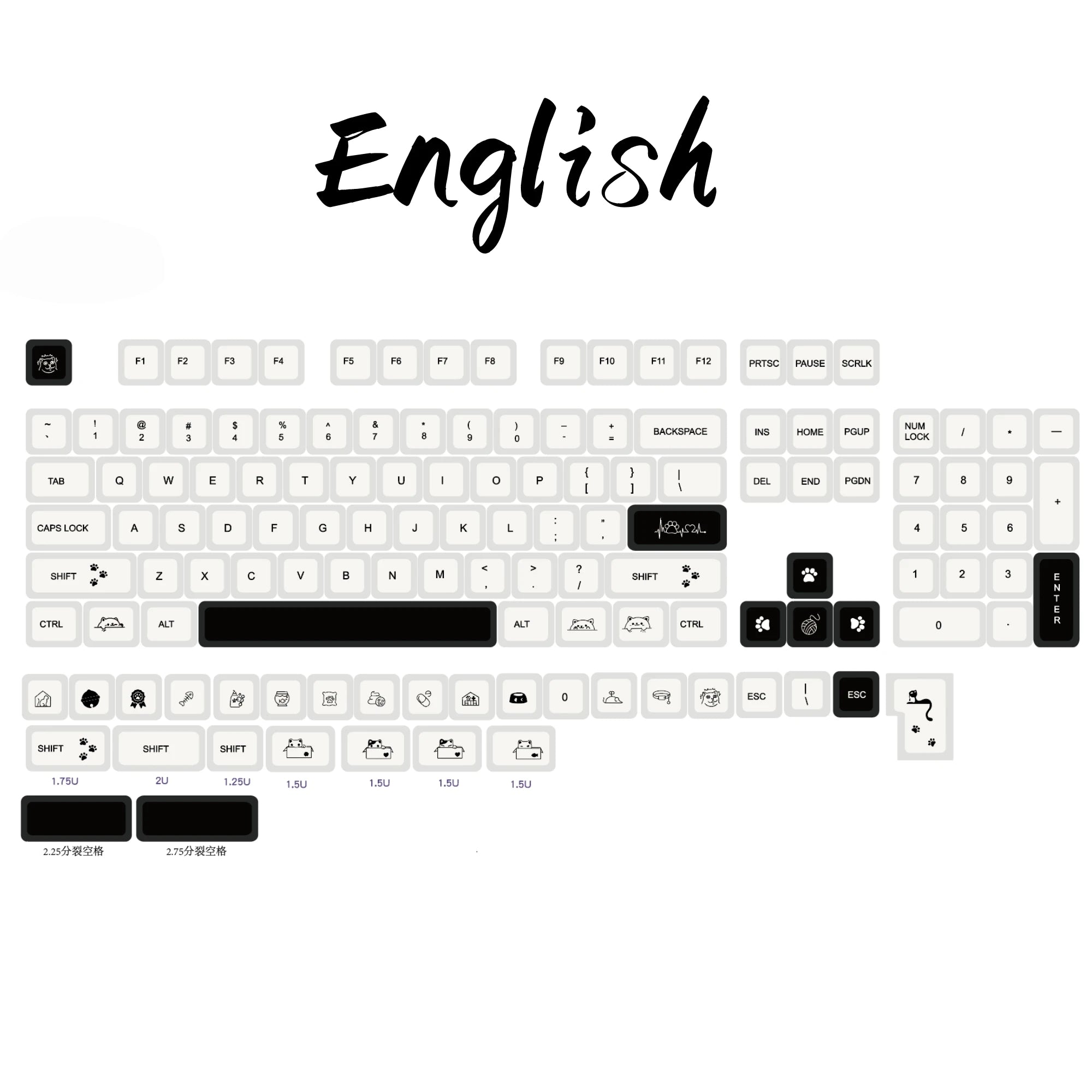 Strange Cat Cute Keycap English/Russian/Korean PBT MOA Minimalist Black and White Keycaps Lovely Kitten Mechanical Keyboard Caps