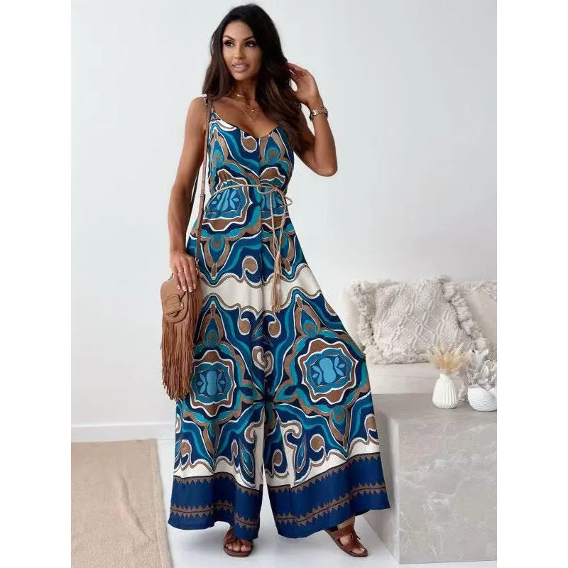 Summer European American Printed Camisole Jumpsuit Women's New Loose Casual Beach Vacation Plus Size Jumpsuit S450