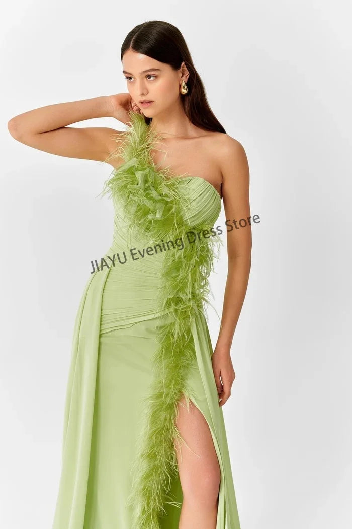 Customzied Chiffon A-line Thigh Slit Floor Length Prom Gown Women's Fashion One Shoulder Sleeveless with Feather Party Dress New