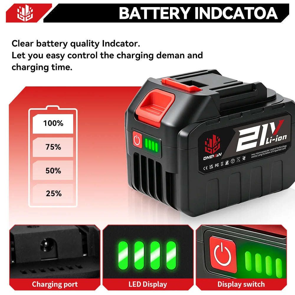 ONEVAN 15000mAh 22500mAh Lithium Ion Battery Rechargeable Battery With Charger Electric Wrench Power Tool For Makita 21V Battery Pin Tool
