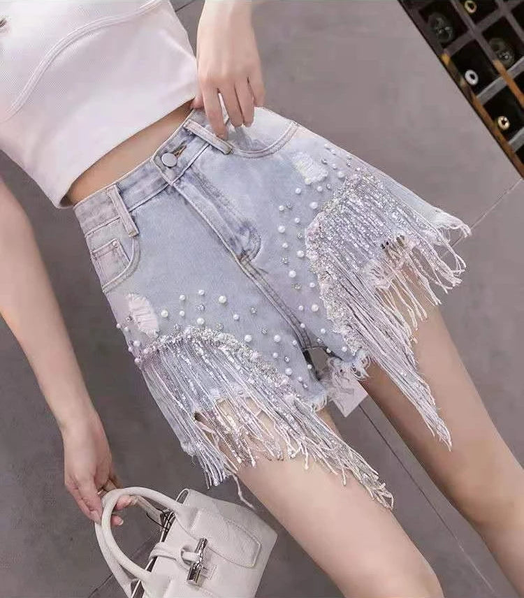 2026 Stylish High Waist Denim Shorts Women's Crystal Studded Fringe Detailed Craftsmanship Summer Fashion Shorts