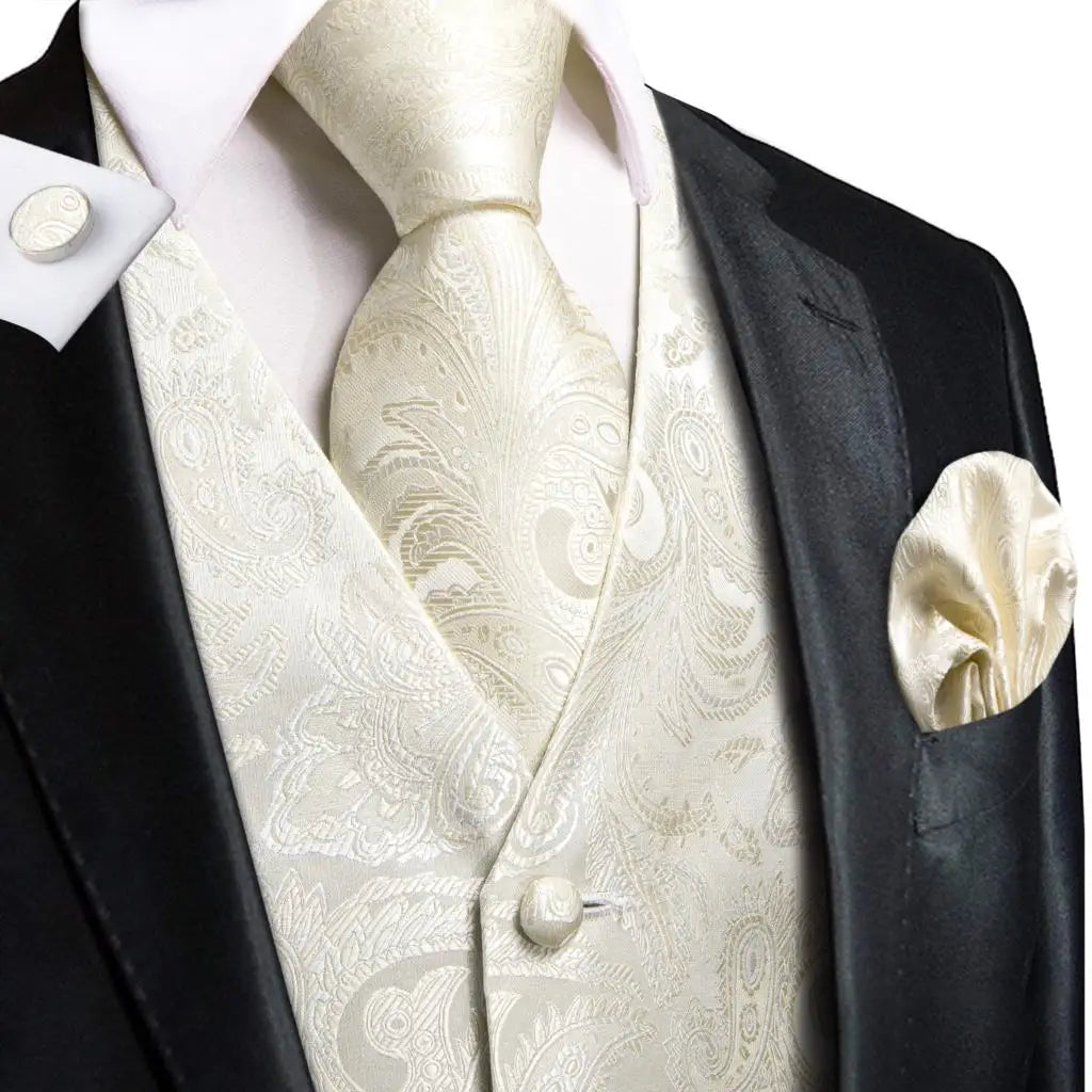 Hi-Tie Silk Mens Waistcoat Tie Set Gold Brown Orange Beige Ivory Khaki Bronze Sleeveless Jacket Suit Vest Necktie Hanky Cufflink