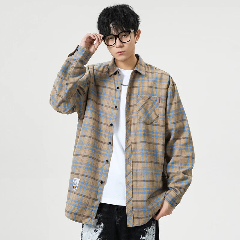 Men Shirt Plaid Flannel Long Sleeve Plus Size Loose Hip Hop Street Mens Casual Shirt Oversized Male Soft Dress Shirt Dropshippig