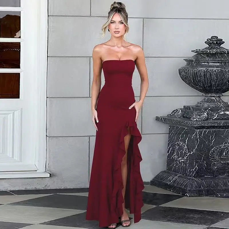 Fashion Off-shoulder Strapless Backless High Split Maxi Dress Sexy Solid Sleeveless Bodycon Boho Gown Summer Party Holiday Ware