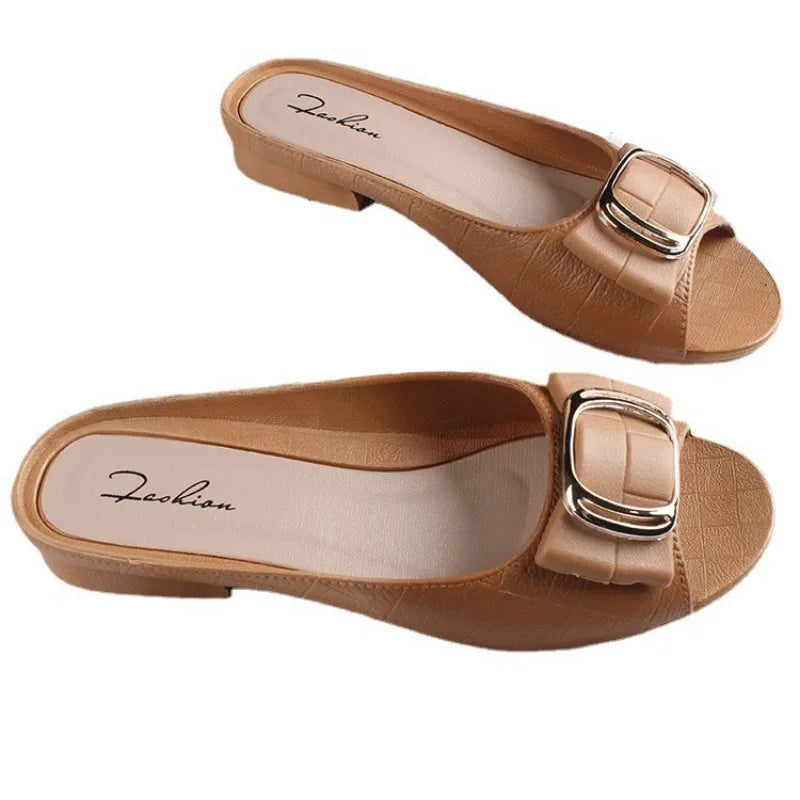Summer Women Square Buckle Open-Toe Slippers Single Strap Flat Sandals Lady Solid Color Outdoor Beach Shoes Adult Casual Sandals