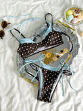 2026 Summer Polka Dot Bikini Set Women's Blue Contrasting sexy Spicy Girl Retro Polka Dot Vacation Swimsuit Lace up Split Swimsu