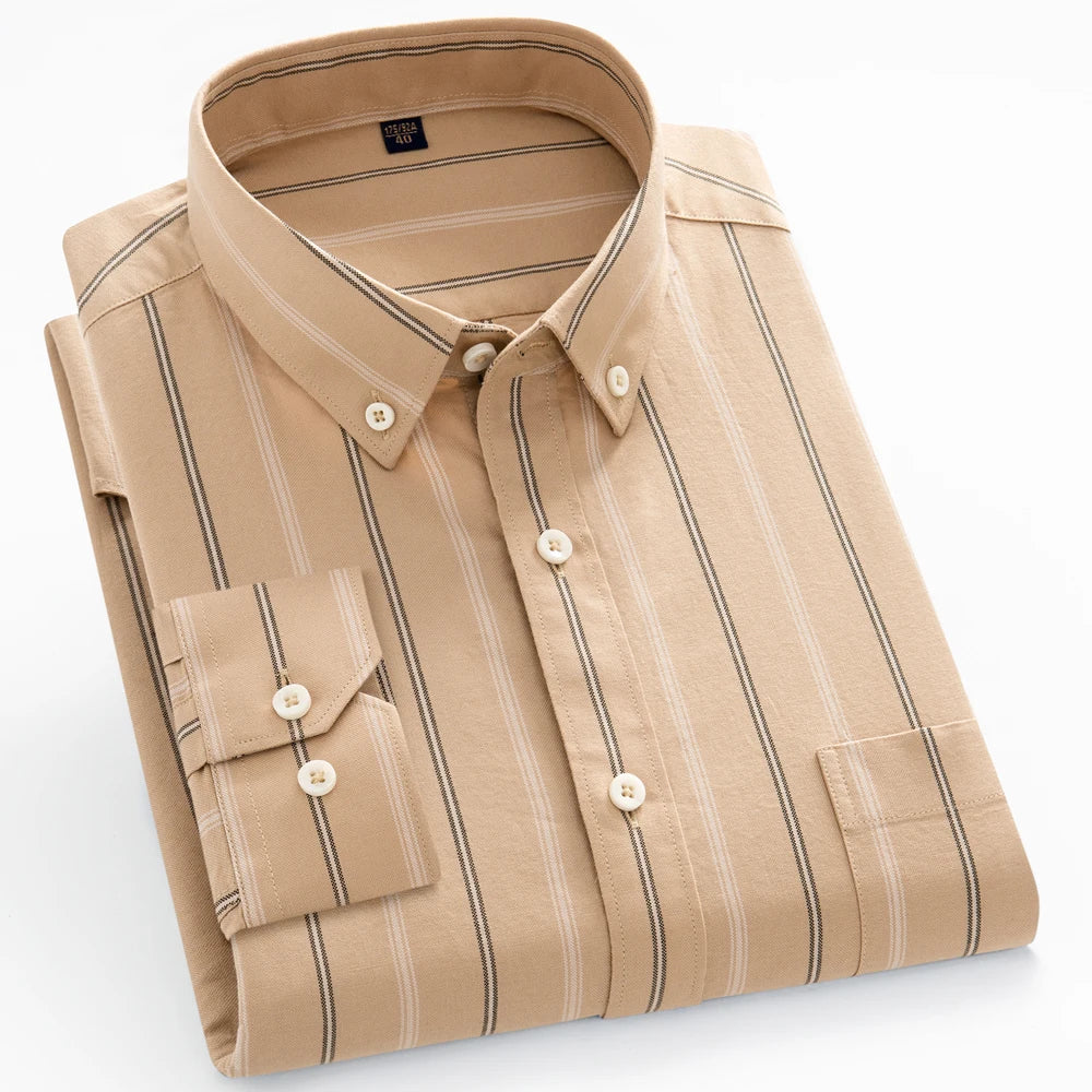 Men's 100% Cotton Breathable Oxford Fabric Dress Shirt, Plaid Striped Casual Long Sleeve, Button-Up with Collar and Chest Pocket