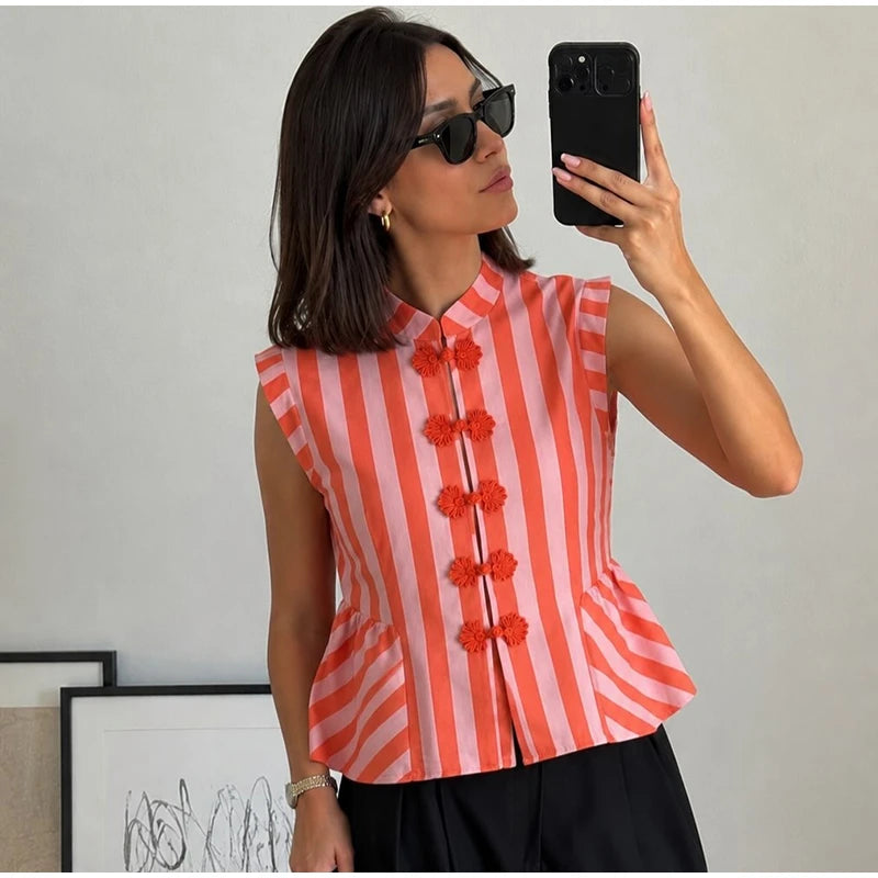 Striped Mandarin Collar Frog Button Ruffle Trim Top Striped Single‑breasted 2026 Summer Women Blouse Versatile Casual Lady Top