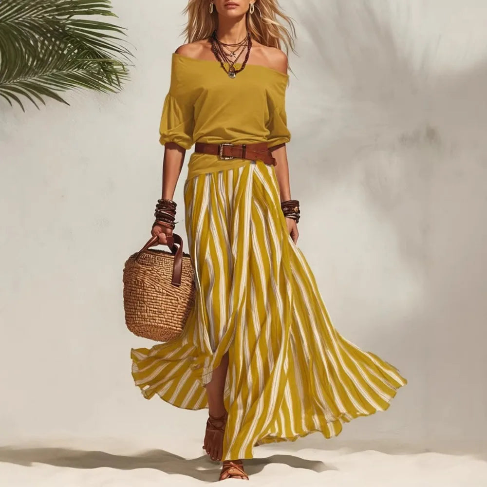 Women Multiple Colors Off Shoulder Puff Sleeve Top Vertical Stripe Flowy Maxi Skirt 2 Piece Outfit Loose Casual Vacation Set