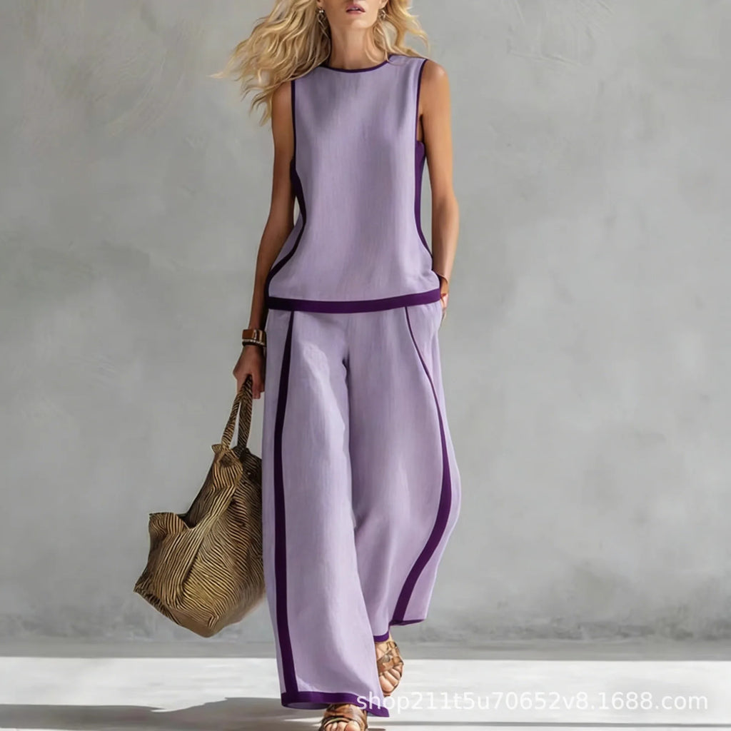 Fashion Retro Printed Sleeveless Tops Trousers 2-piece Set Women's Summer Casual Vest Loose Wide Leg Trousers Female Suit Pocket