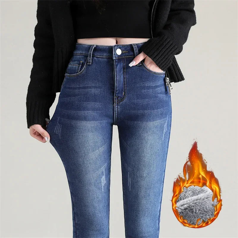 Women Thermal Jeans Winter Snow Warm Thickened Fleece Stretch Skinny Pencil Pants Fashion Korean Slim Fit Velvet Plush Pants