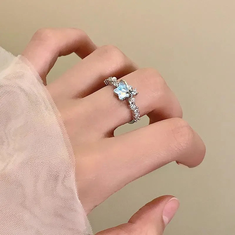 New Blue Planet Star Moon Rings for Women Zircon Rhinestone Pearl Open Finger Rings Sweet Party Y2K Jewelry 2000S Girls Gifts