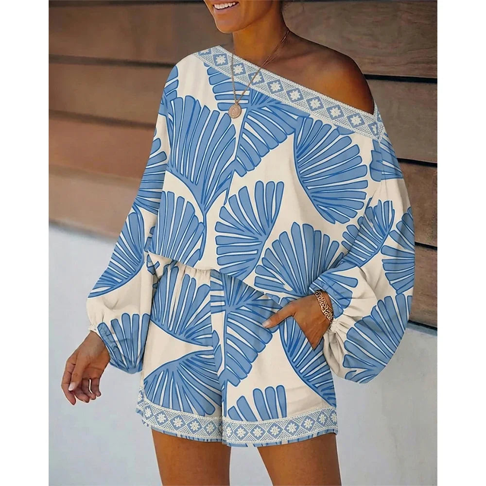 Women's Tropical Leaf Print 2 Piece Set Skew Neck Lantern Sleeve Top and Elastic Waist Shorts with Pockets & Lace