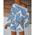 Women's Tropical Leaf Print 2 Piece Set Skew Neck Lantern Sleeve Top and Elastic Waist Shorts with Pockets & Lace